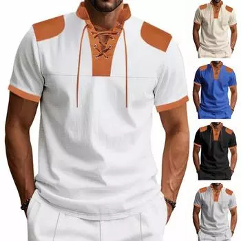 Мужская рубашка с V-образным вырезом на бретелях, цветная футболка с коротким рукавом в вафельную клетку, повседневная летняя футболка для повседневной вечеринки, офиса, путешествий M хаки