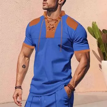 Мужская рубашка с V-образным вырезом на бретелях, цветная футболка с коротким рукавом в вафельную клетку, повседневная летняя футболка для повседневной вечеринки, офиса, путешествий M королевский синий