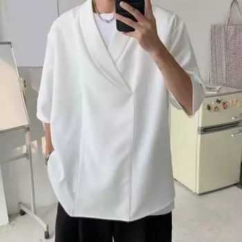 Мужская рубашка с V-образным вырезом, свободная, мешковатая, однотонная, мягкая в стиле хип-хоп, с половиной рукавов, мягкая M чёрный