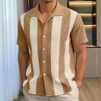 Мужская рубашка с винтажным контрастным цветным принтом в стиле пэчворк, однобортный отложной воротник, полосатый свободный топ с короткими рукавами, нагрудный карман, повседневный топ M чёрный