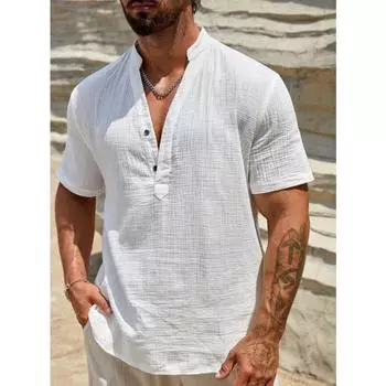 Мужская рубашка с воротником-стойкой для отдыха, повседневная однотонная футболка с v-образным вырезом, летние мужские рубашки с короткими рукавами, белая, голубая M белый