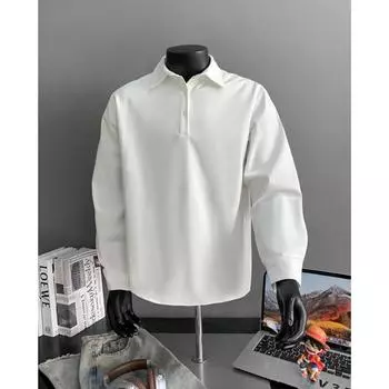 Мужская рубашка с воротником-стойкой на пуговицах 2025, мужские повседневные рубашки поло с длинным рукавом, мужские однотонные модные футболки, мужская нижняя рубашка 2XL белый