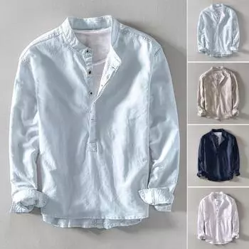 Мужская рубашка с воротником-стойкой Slim Fit сплошной цвет половина однобортный пуловер с длинными рукавами повседневный L небесно-голубой