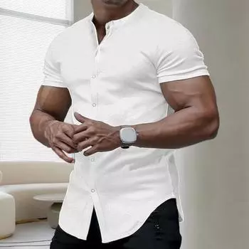 Мужская рубашка с воротником-стойкой, сплошной цвет, приталенный однобортный мягкий кардиган с короткими рукавами средней длины M белый