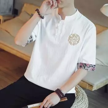 Мужская рубашка с воротником-стойкой в китайском винтажном стиле, однотонная с принтом и вышивкой, свободная с половиной рукавом, мягкая мужская рубашка больших размеров M белый