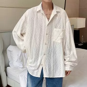 Мужская рубашка с вырезами в корейском стиле, летние мужские карманы с длинными рукавами, мужской топ-кардиган XXXL белый