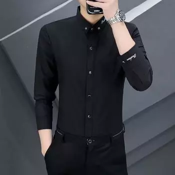 Мужская рубашка Slim Fit с длинными рукавами, персонализированная, без глажки, повседневная, с большим воротом, с высоким воротом, однотонная, универсальная рубашка, весна и осень 2024 г. M чёрный