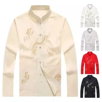 Мужская рубашка среднего возраста в китайском стиле с рисунком дракона, рубашка с воротником-стойкой и длинными рукавами, карманы, однобортный костюм Тан, топ M темно-синий