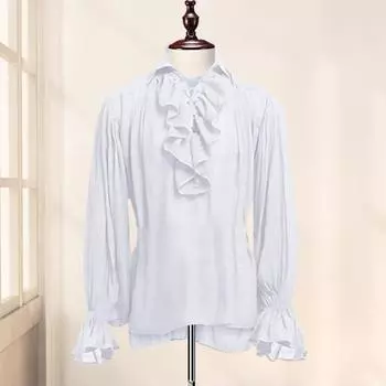 Мужская рубашка Средневековая рюшами с длинными рукавами Цветные рукава на шнуровке Ремень Puff Однотонные плиссированные свободные лацканы Винтаж Хэллоуин Косплей M белый