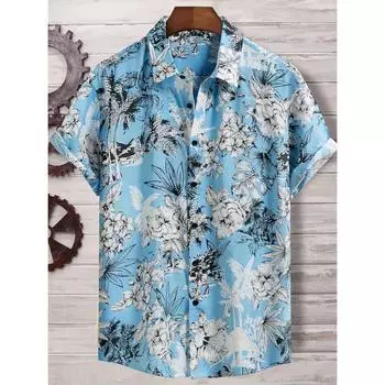 Мужская рубашка светло-голубого цвета с тропическим цветочным принтом, с короткими рукавами и застежкой на пуговицы, повседневный гавайский стиль S