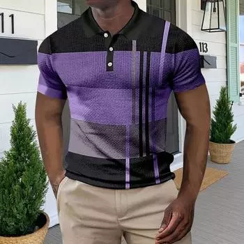 Мужская рубашка свободного кроя, цветные блоки, застегивающийся на пуговицы отложной воротник, короткие рукава, пуловер средней длины M фиолетовый