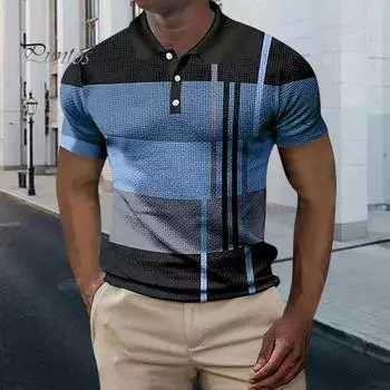 Мужская рубашка свободного кроя, цветные блоки, застегивающийся на пуговицы отложной воротник, короткий рукав, свитер средней длины, повседневный винтажный топ M синий