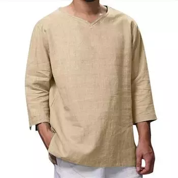 Мужская рубашка свободного кроя из хлопка и льна с длинным рукавом и v-образным вырезом M чёрный