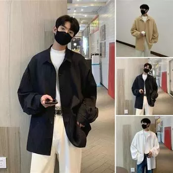 Мужская рубашка свободного кроя, однотонный кардиган с отложным воротником, однобортный, осенне-весенний топ, рубашка средней длины в уличном стиле M белый