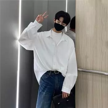Мужская рубашка свободного кроя, однотонный кардиган с отложным воротником, однобортный, осенне-весенний топ, рубашка средней длины в уличном стиле L белый