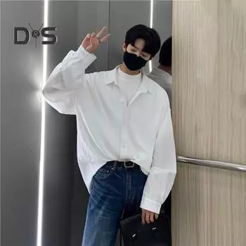 Мужская рубашка свободного кроя, однотонный кардиган с отложным воротником, однобортный, осенне-весенний топ, рубашка средней длины в уличном стиле L чёрный