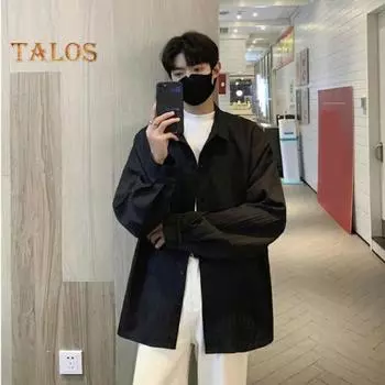 Мужская рубашка свободного кроя, однотонный кардиган с отложным воротником, однобортный, осенне-весенний топ, рубашка средней длины в уличном стиле M хаки