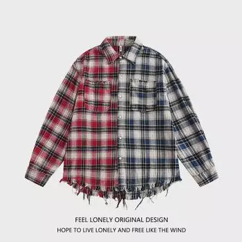 Мужская рубашка свободного кроя в клетку с красной строчкой в стиле High-Street - весна/осень 2024 г. XXL