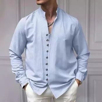 Мужская рубашка свободного покроя, модная, удобная, с воротником-стойкой, с длинным рукавом, классическая, на пуговицах, уличная, льняная S чёрный