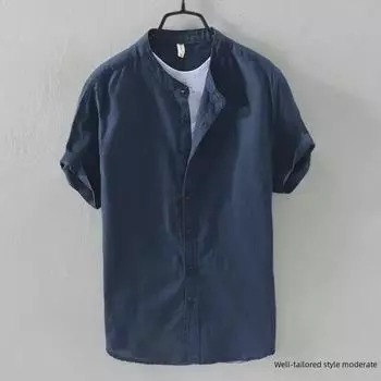 Мужская рубашка темно-синего цвета из льна и хлопка с коротким рукавом, воротник-стойка, свободный крой, дышащая, в ретро-японском стиле, повседневный универсальный дизайн. 2XL 71-78kg