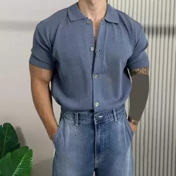 Мужская рубашка трикотажная с короткими рукавами воротник однобортный цветной эластичный однотонный отложной кардиган свободный повседневный повседневный топ M абрикосовый