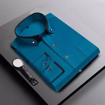 Мужская рубашка в деловом стиле с длинным рукавом и лацканами контрастного цвета, однобортный карман, мягкая дышащая мужская рубашка больших размеров средней длины, против морщин 3XL темно-зеленого