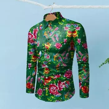 Мужская рубашка в китайском северо-восточном стиле, красочная однобортная облегающая рубашка с отложным воротником и пышным цветочным принтом 3XL красный
