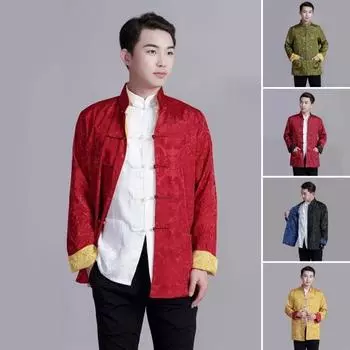 Мужская рубашка в китайском стиле, костюм Тан, рубашка с воротником-стойкой, имитация атласа, двусторонний принтованный топ, просторная цветная рубашка для повседневной носки на праздниках M красный