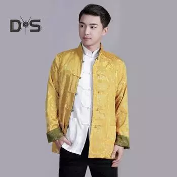 Мужская рубашка в китайском стиле, костюм Тан, рубашка с воротником-стойкой, имитация атласа, двусторонний принтованный топ, просторная цветная рубашка для повседневной носки на праздниках M красный