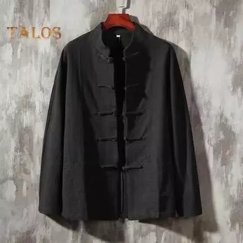 Мужская рубашка в китайском стиле, костюм Тан, воротник-стойка, рубашка на пуговицах, однотонный топ в стиле ретро с узлом, однобортная рубашка для повседневной носки на праздниках M белый