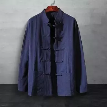 Мужская рубашка в китайском стиле, костюм Тан, воротник-стойка, рубашка на пуговицах, однотонный топ в стиле ретро с узлом, однобортная рубашка для повседневной носки на праздниках M хаки