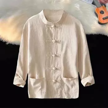 Мужская рубашка в китайском стиле, однотонная, с застежкой на пуговицах, однобортная, с воротником-стойкой, средней длины, с длинными рукавами, свободный кардиган, топ, костюм ханьфу M темно-синий