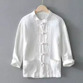 Мужская рубашка в китайском стиле, однотонная, с застежкой на пуговицах, однобортная, воротник-стойка, средняя длина, длинные рукава, свободная M чёрный