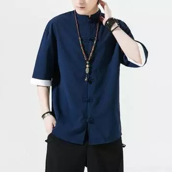 Мужская рубашка в китайском стиле, однотонный ледяной шелк, однобортный однобортный кардиган средней длины с короткими рукавами, топ, костюм Ханфу L темно-синий