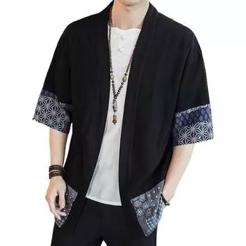 Мужская рубашка в китайском стиле с цветовым сочетанием, напечатанные манжеты, открытая строчка, средняя длина, рукава до локтя, свободный кардиган большого размера, топ, костюм ханьфу M чёрный