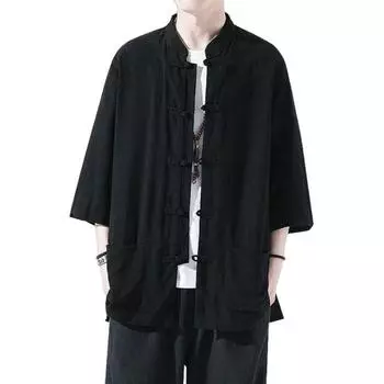 Мужская рубашка в китайском стиле, свободная рубашка в стиле ретро на пуговицах с карманами, хлопковая льняная дышащая летняя рубашка для уличных вечеринок и путешествий 3XL чёрный