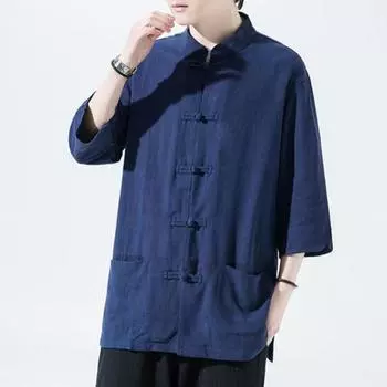 Мужская рубашка в китайском стиле, свободная рубашка в стиле ретро на пуговицах с карманами, хлопок, лен, дышащая 2XL серый