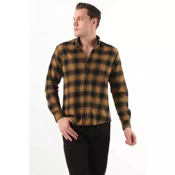 Мужская рубашка в клетку без карманов горчичного/черного цвета