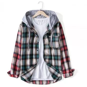 Мужская рубашка в клетку Модная свободная рубашка с капюшоном и большой контрастной прострочкой XXL зелёный