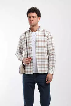 Мужская рубашка в клетку с длинным рукавом бежевая