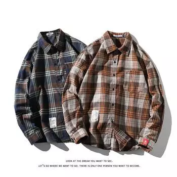 Мужская рубашка в клетку с длинными рукавами на весну и осень, мужская рубашка в корейском стиле с отворотом, свободная рубашка для подростков M