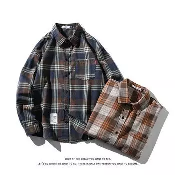 Мужская рубашка в клетку с длинными рукавами на весну и осень, мужская рубашка в корейском стиле с отворотом, свободная рубашка для подростков M