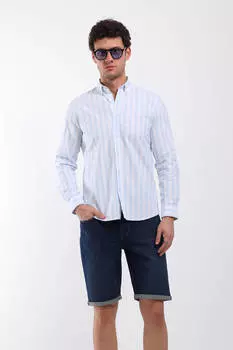 Мужская рубашка в полоску без принта синяя