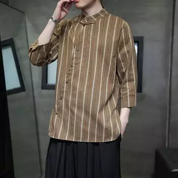Мужская рубашка в полоску из конопли в китайском стиле, хлопково-льняной костюм Тан, одежда в стиле ханьфу в стиле ретро, топы в стиле Харадзюку, мужская одежда L хаки