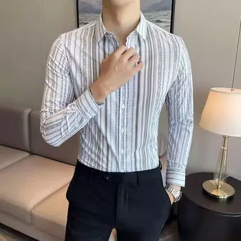 Мужская рубашка в полоску с длинными рукавами, тонкая, повседневная, модная M белый