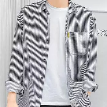 Мужская рубашка в полоску с длинными рукавами в корейском стиле на весну и осень, новая повседневная рубашка высокого класса, куртка для мужчин M