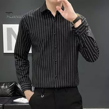 Мужская рубашка в полоску с однобортным отложным воротником и длинными рукавами, официальная рубашка в деловом стиле для офиса, топ средней длины для свиданий M белый