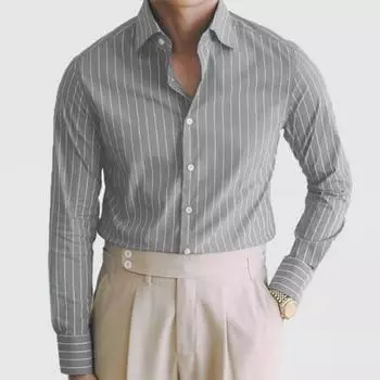 Мужская рубашка в полоску с принтом контрастного цвета, однобортная ретро с длинными рукавами и пуговицами, приталенная середина L синий