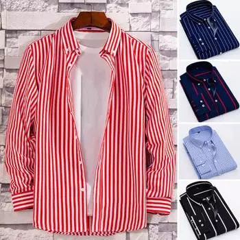 Мужская рубашка в полоску с принтом на лацканах контрастного цвета, однобортные пуговицы, теплая, мягкая, мужская осенняя рубашка больших размеров для повседневной жизни M черный белый
