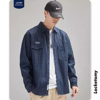 Мужская рубашка в полоску, свободная винтажная джинсовая рубашка с длинным рукавом, куртка